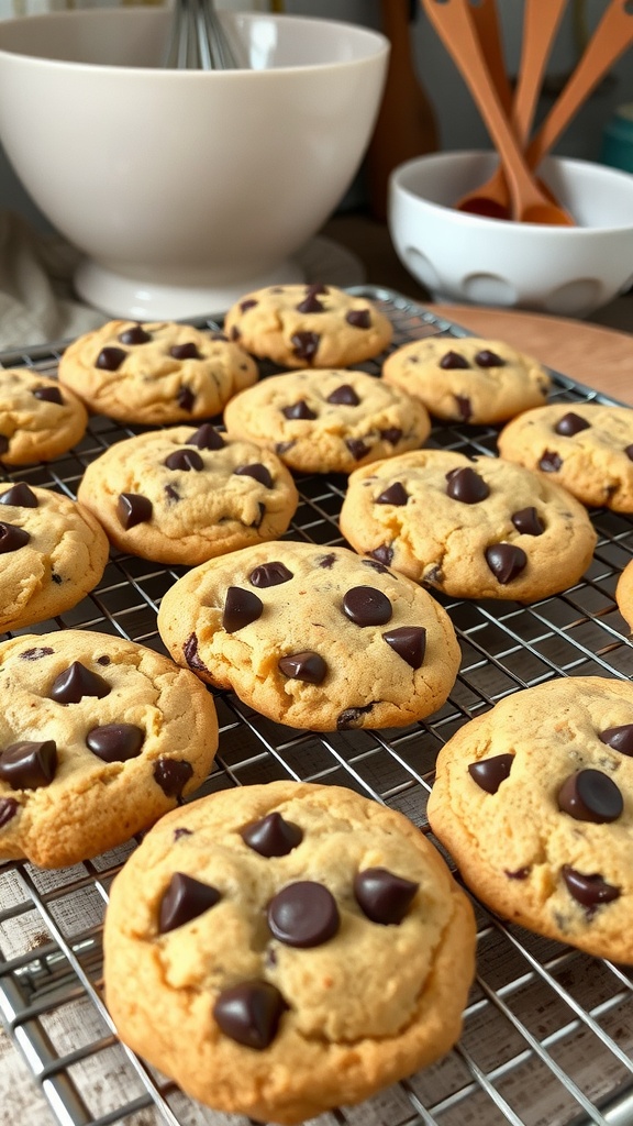 Close-up of homemade chocolate chip cookies cooling on a wire rack.